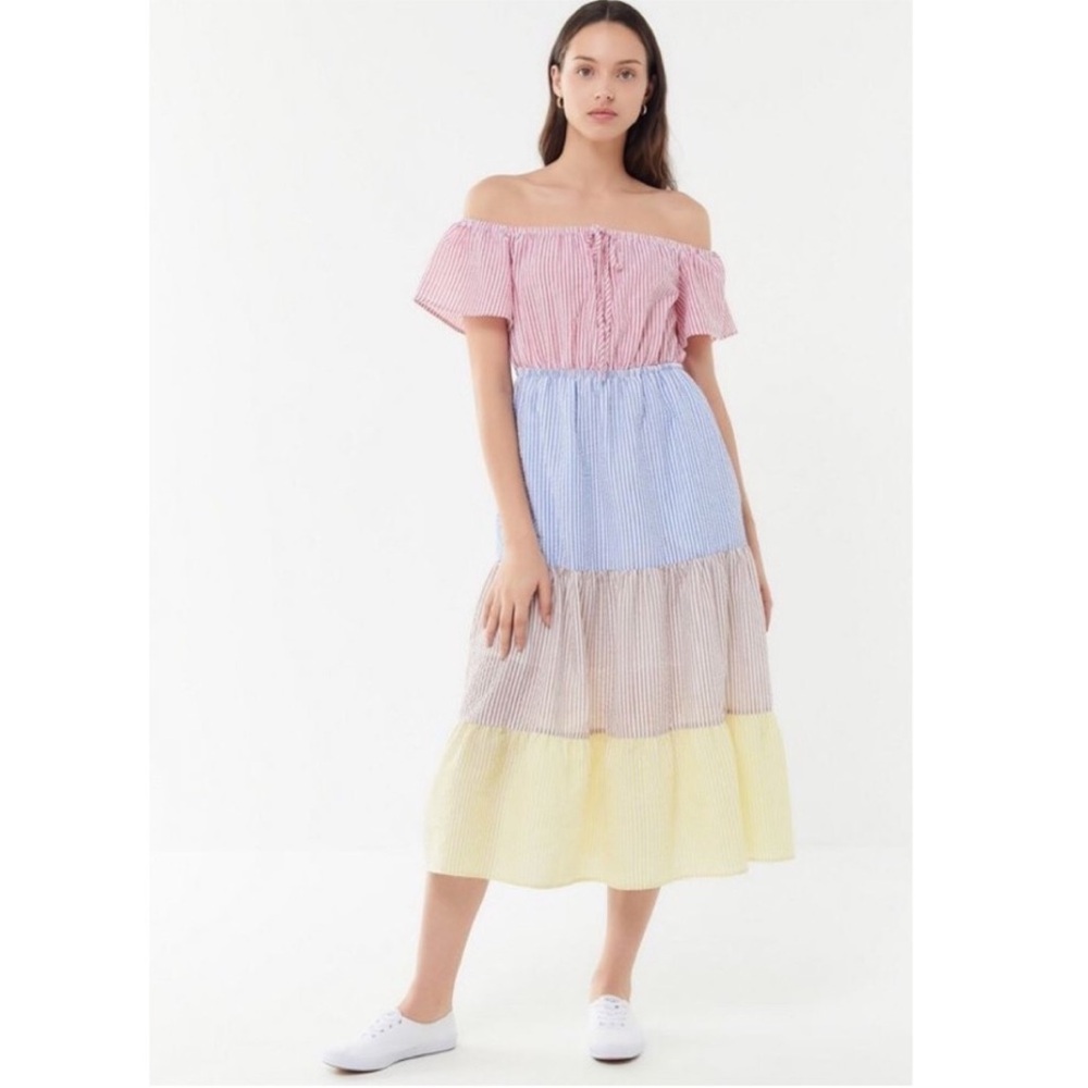 Urban Outfitters Off Shoulder Multi Seersucker Stripes Midi Dress - Picture 1 of 12
